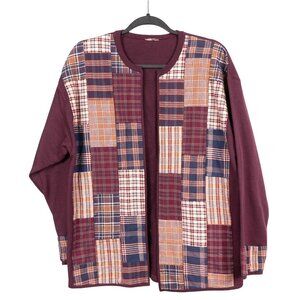 Plaid Patchwork Cardigan Sweatshirt L Burgundy Red Contrast 90s Mom Grammacore